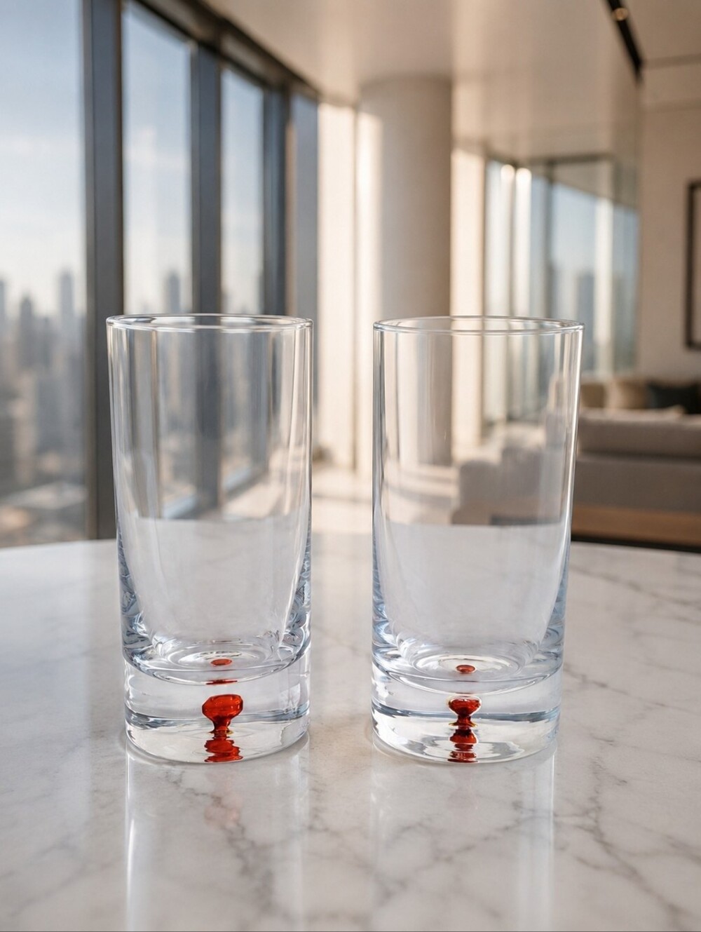 Vintage European Art Glass Highball Glasses Pair Red Controlled Bubble
